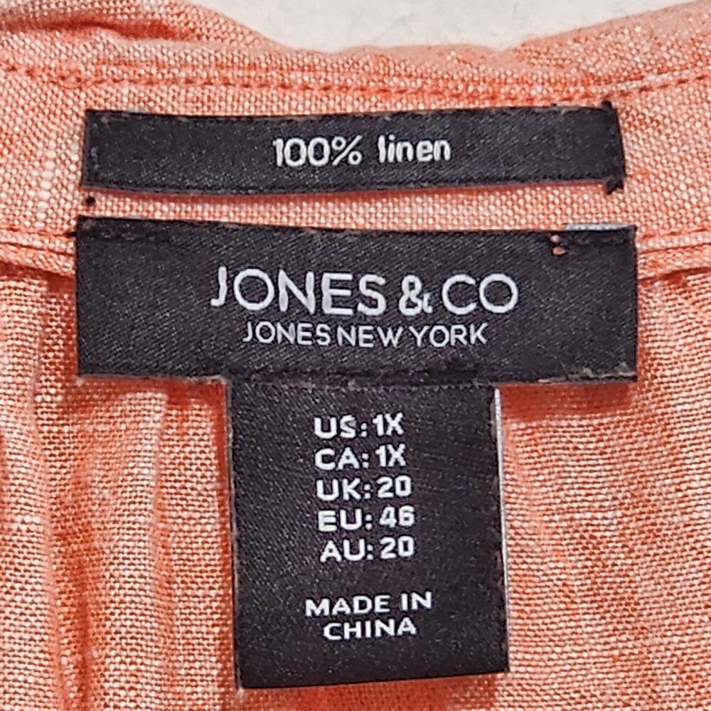 Jones & Co 100% Linen Popover Coral Long Tab Sleeve Coastal Shirt Plus Size 1X - Picture 4 of 11